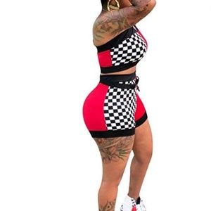 Women's sexy plaid print tube top short set